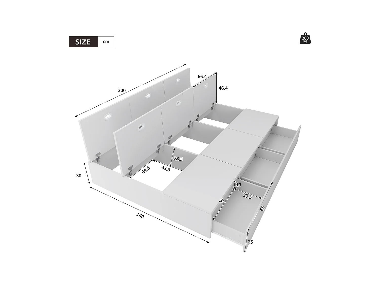 Lit adulte 140x200 cm - 3 tiroirs et coffre de rangement - en bois - blanc (sans tête de lit ni matelas)