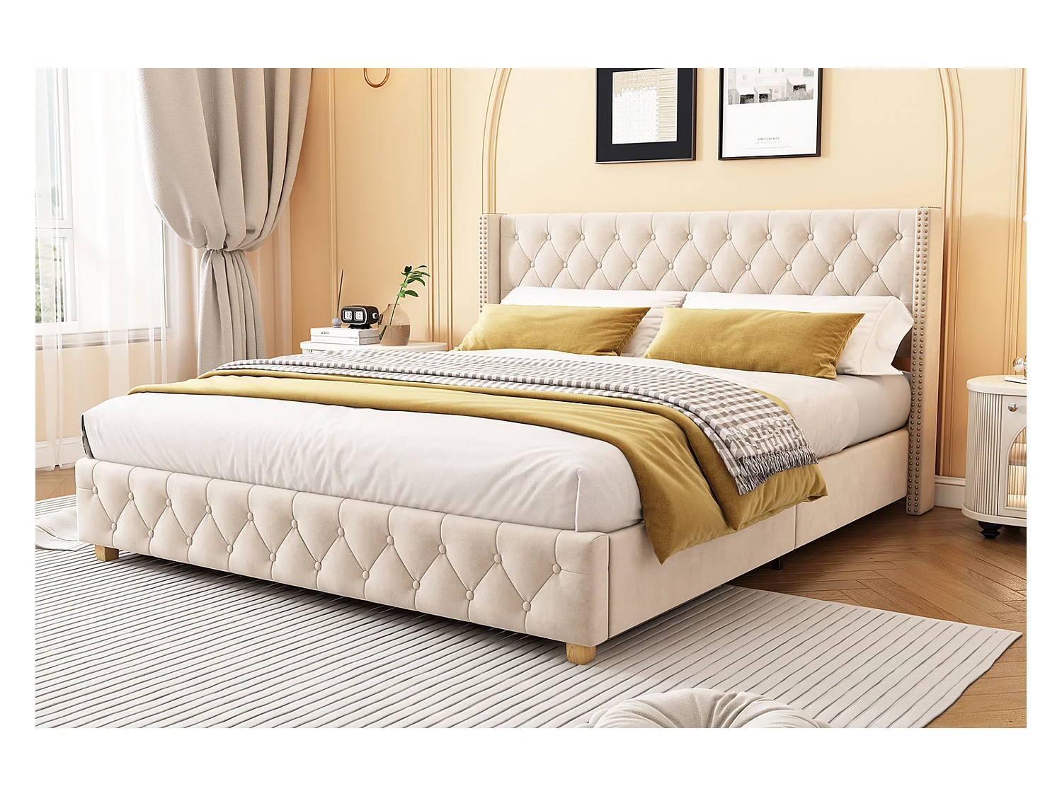 Lit adulte 180x200 cm avec sommier - tête de lit capitonnée - cadre de lit en bois - velours beige (sans matelas)