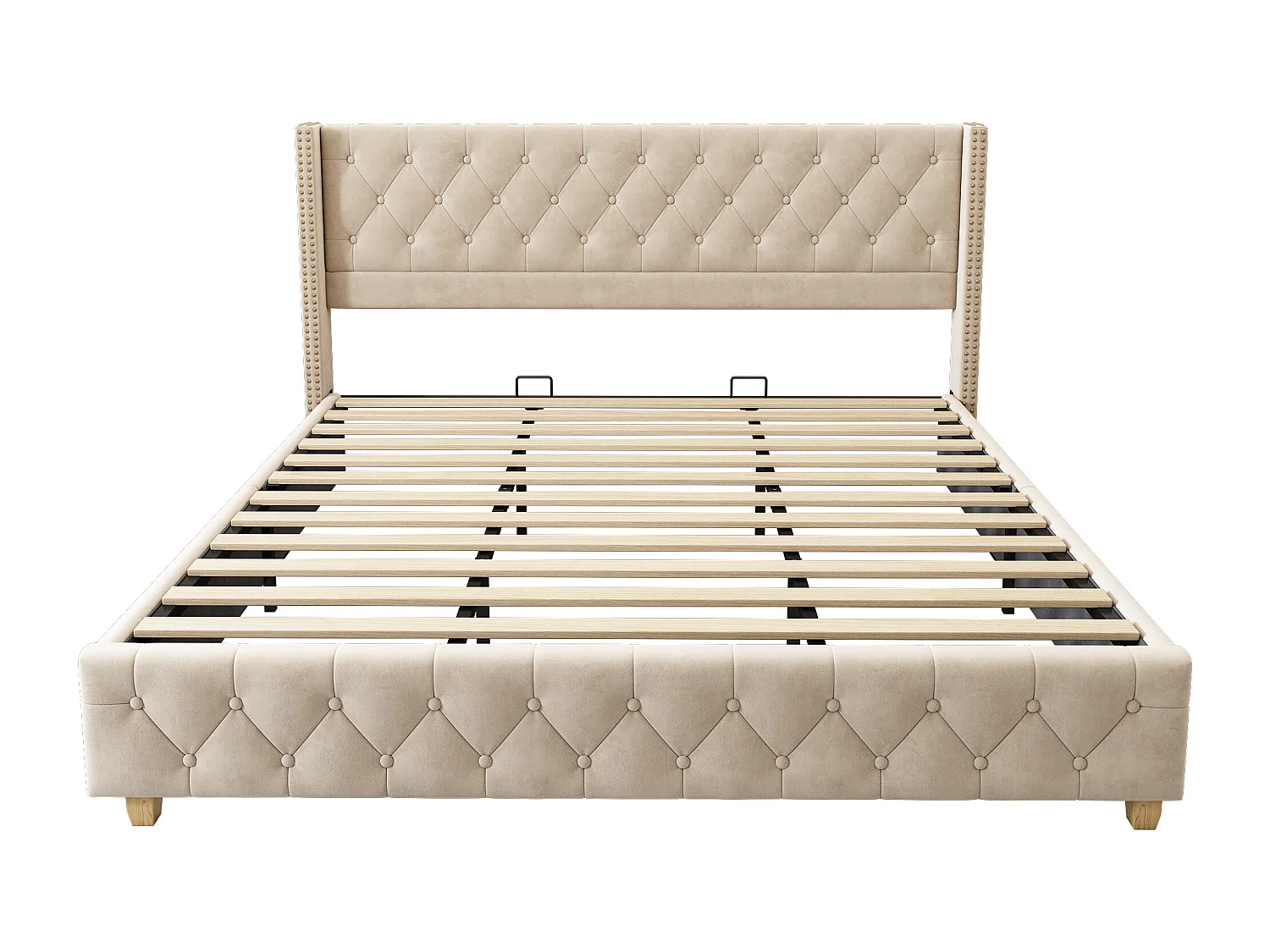 Tweepersoonsbed 180x200 cm met lattenbodem - gestoffeerd hoofdeinde - houten bedframe - beige fluweel (zonder matras)