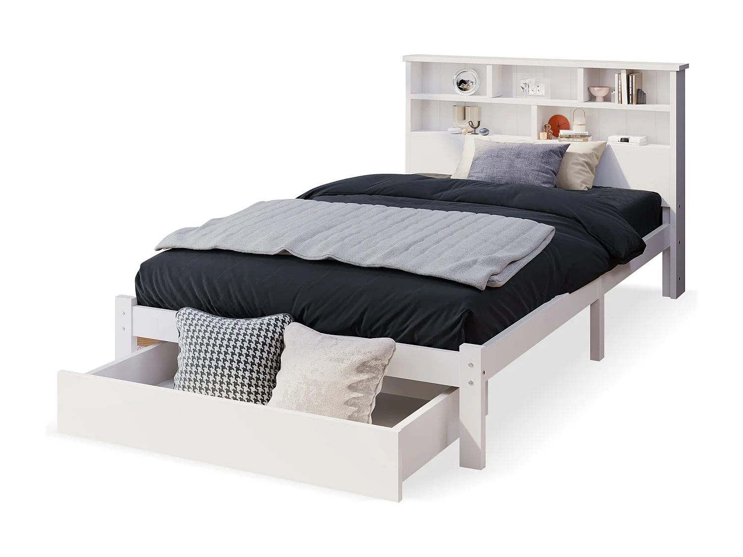 Lit 90x200 avec tête de lit bibliothèque, avec tiroirs et sommier, bois, blanc (Sans matelas)