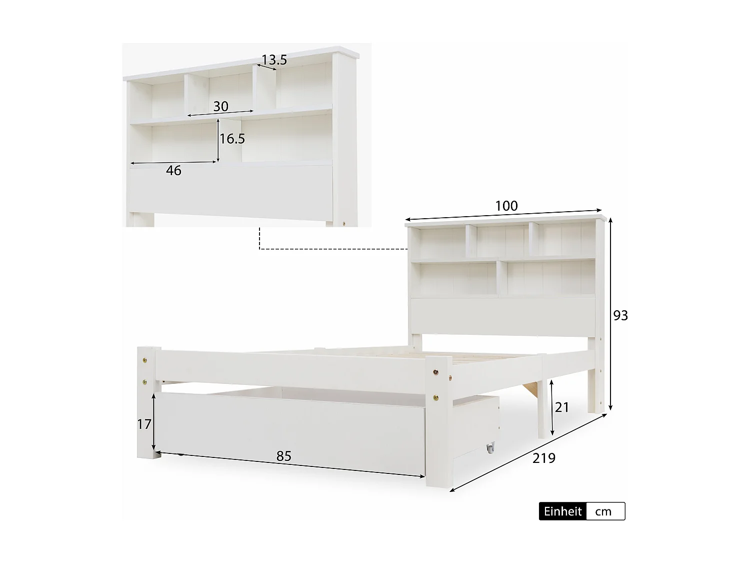 Lit 90x200 avec tête de lit bibliothèque, avec tiroirs et sommier, bois, blanc (Sans matelas)