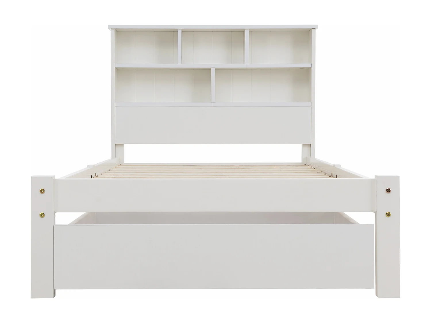 Lit 90x200 avec tête de lit bibliothèque, avec tiroirs et sommier, bois, blanc (Sans matelas)