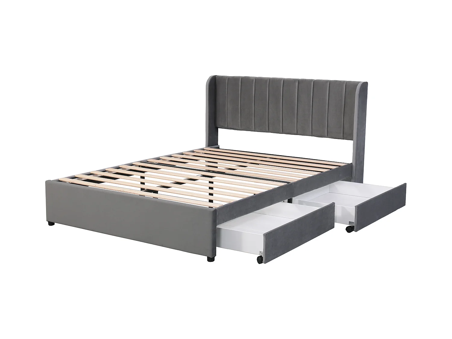 Tweepersoonsbed voor volwassenen 140x200 cm met lattenbodem en 2 opberglades - gewatteerd hoofdeinde - fluweel - grijs (zonder matras)