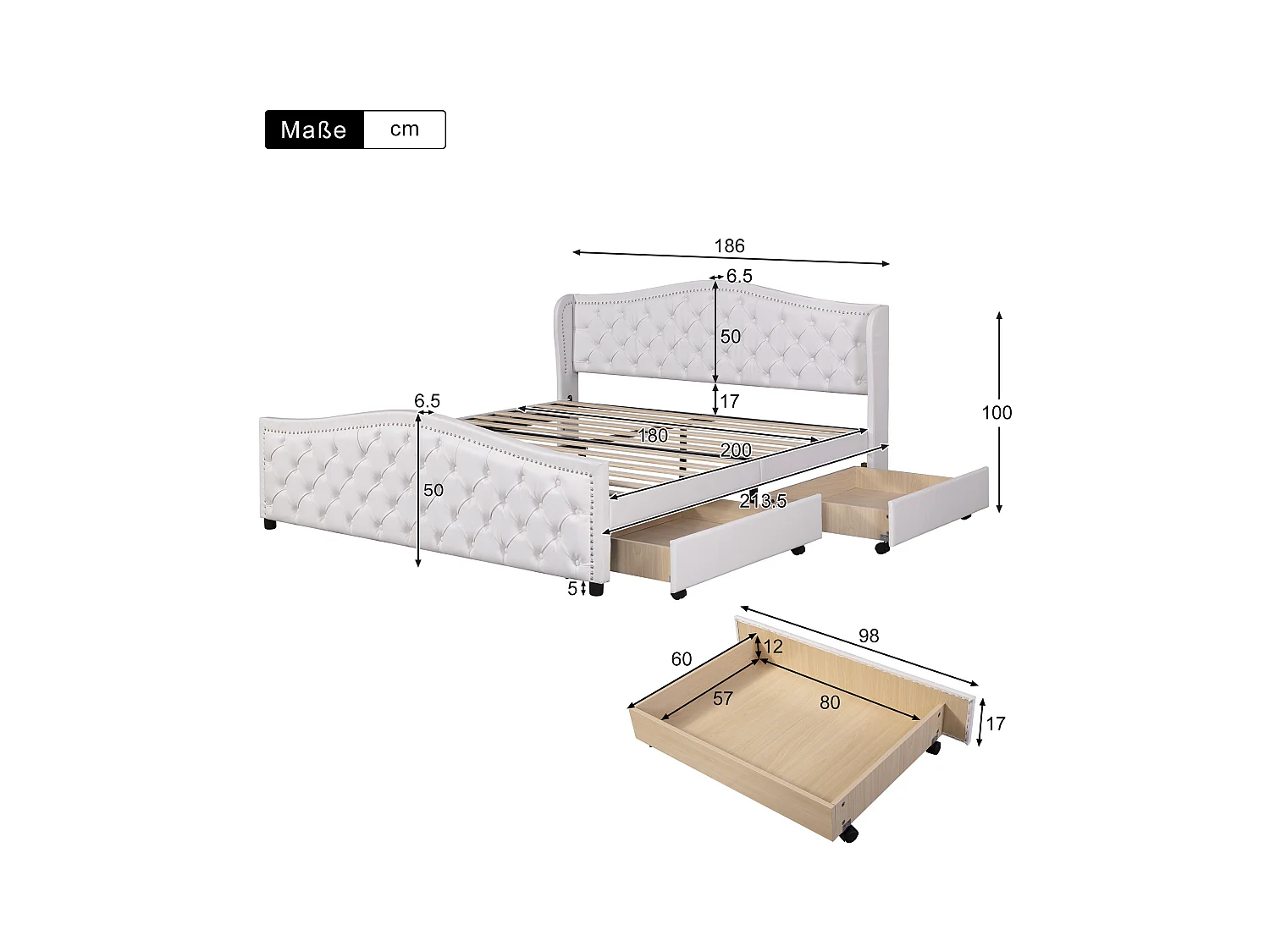 Lit adulte 180x200 cm avec sommier - lit double avec 2 tiroirs de rangement - similicuir - blanc (sans matelas)