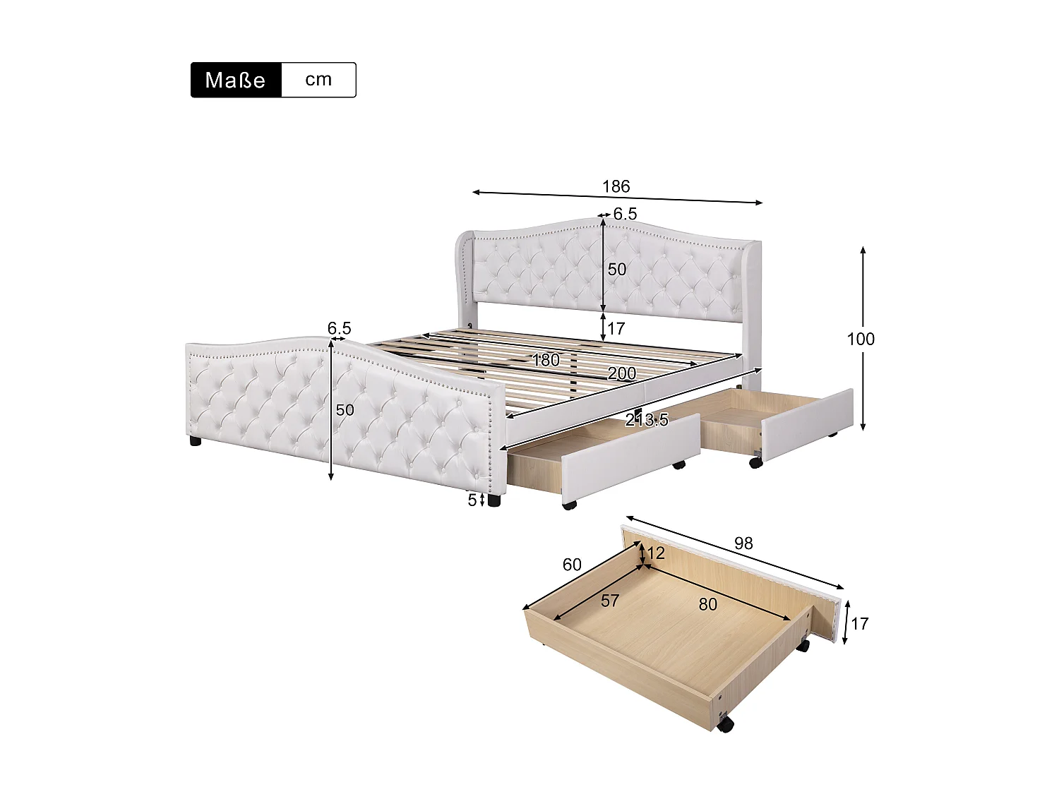 Lit adulte 180x200 cm avec sommier - lit double avec 2 tiroirs de rangement - similicuir - blanc (sans matelas)