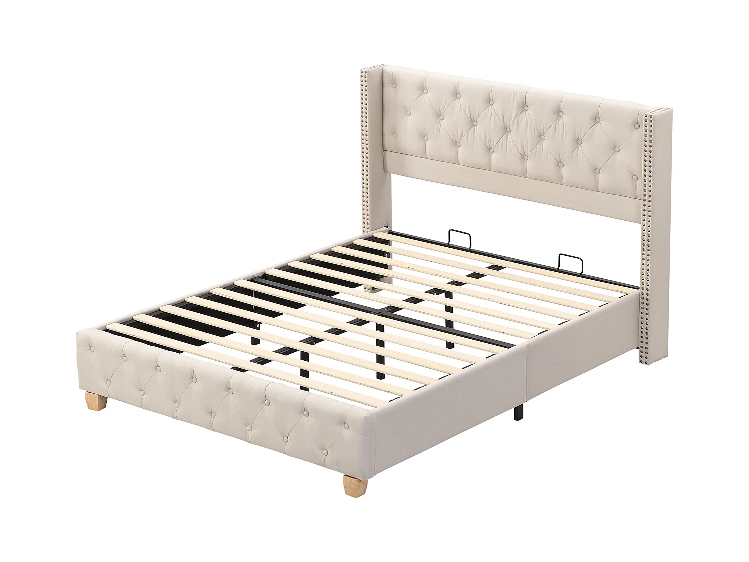 Lit adulte 140x190 cm avec sommier - tête de lit capitonnée - cadre de lit en bois - lin beige (sans matelas)