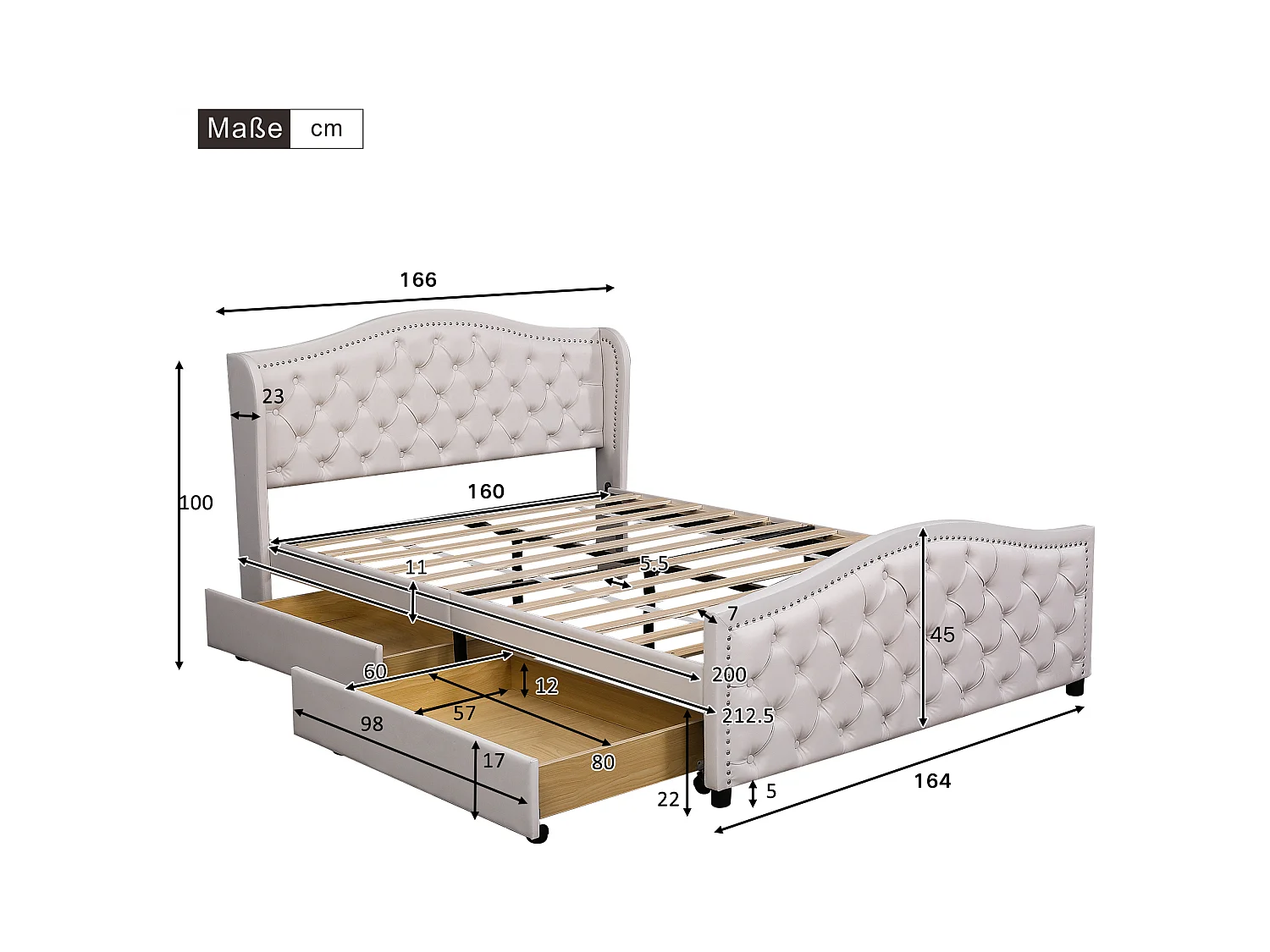 Lit adulte 160x200 cm avec sommier - lit double avec 2 tiroirs de rangement - similicuir - blanc (sans matelas)