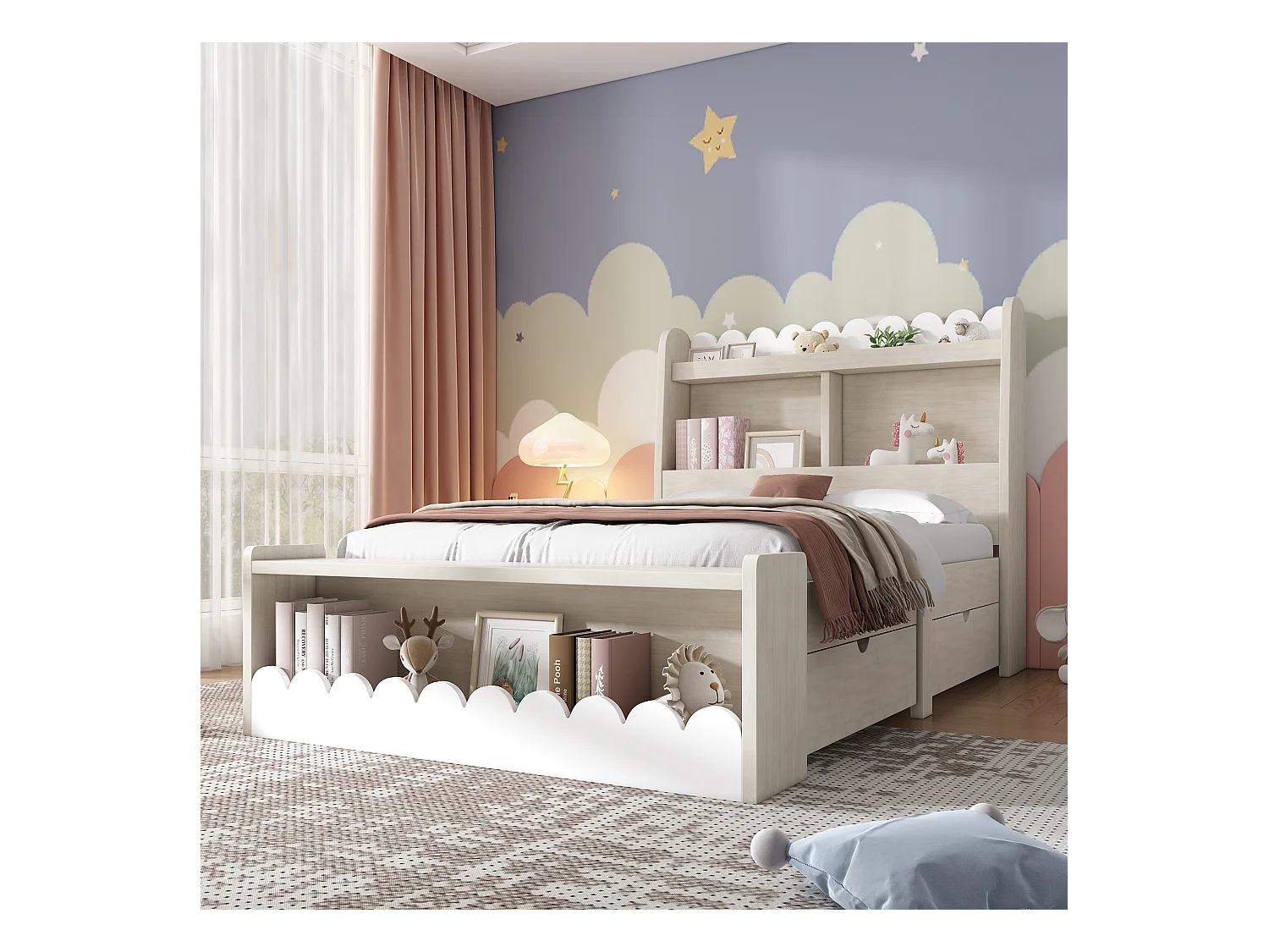 Lit enfant 90x200 cm avec sommier - tête de lit de rangement avec 2 tiroirs - cadre de lit en bois - blanc (sans matelas)