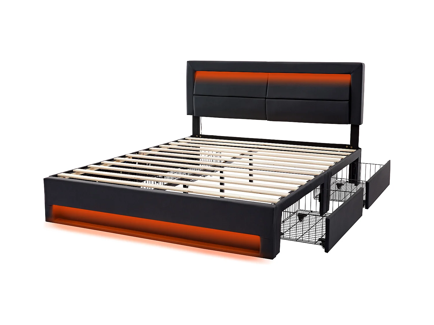 Lit adulte 160x200 cm avec sommier - tête de lit capitonnée avec USB LED et 4 tiroirs - similicuir - noir (sans matelas)