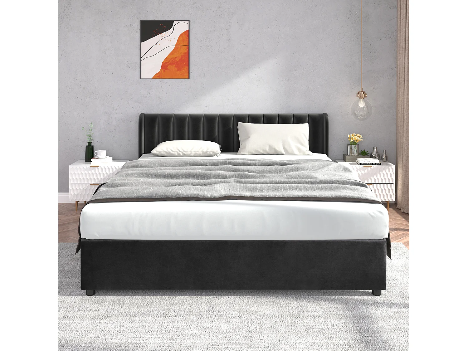 Tweepersoonsbed voor volwassenen 180x200 cm met lattenbodem en 2 opberglades - gewatteerd hoofdeinde - fluweel - zwart (zonder matras)