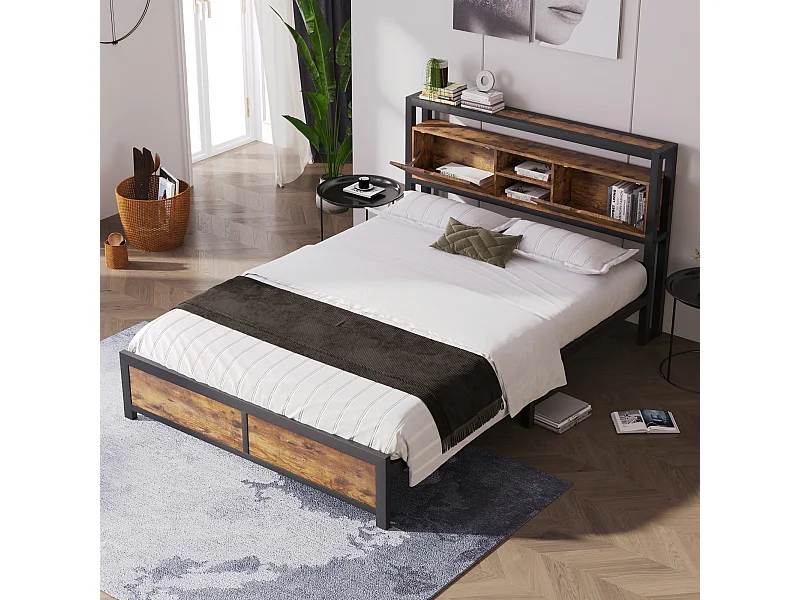 Tweepersoonsbed 140x200 cm met metalen onderstel - opberghoofdeinde - metalen bedframe - bruin (zonder matras)