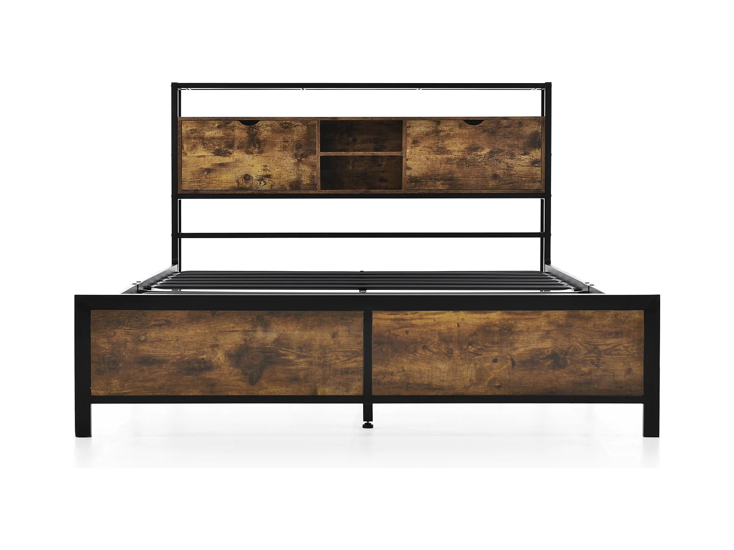 Lit adulte 140x200 cm avec sommier métallique - tête de lit rangement - cadre de lit en métal - marron (sans matelas)