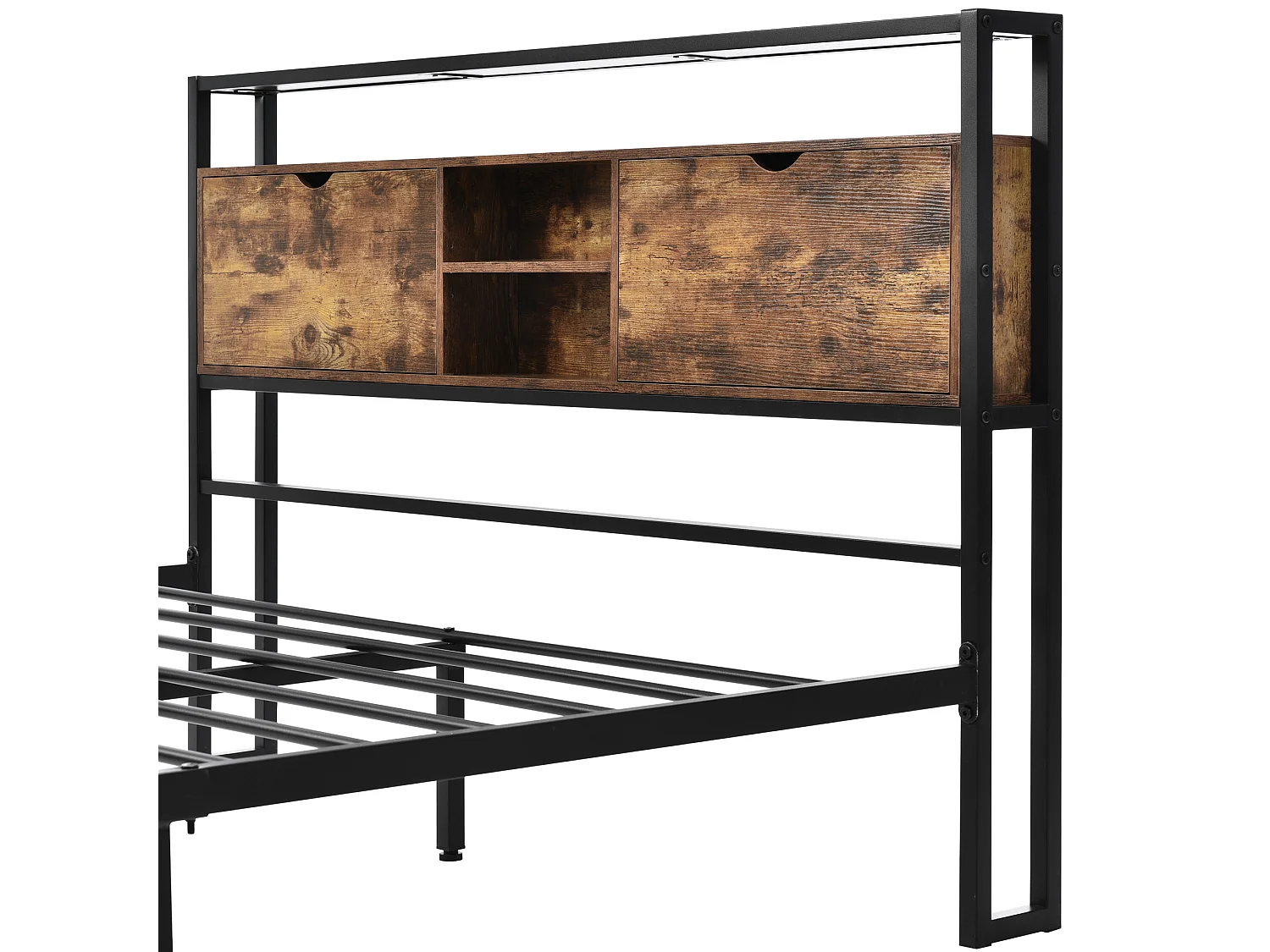 Lit adulte 140x200 cm avec sommier métallique - tête de lit rangement - cadre de lit en métal - marron (sans matelas)