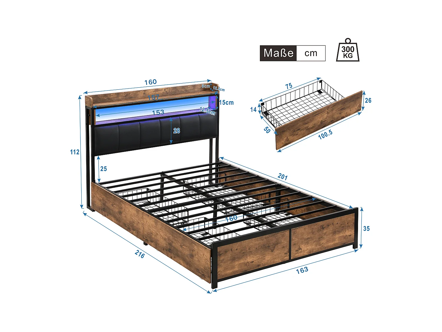 Lit adulte double 160x200 cm avec sommier en bois - tête de lit rangement et 4 tiroirs - similicuir - noir (sans matelas)