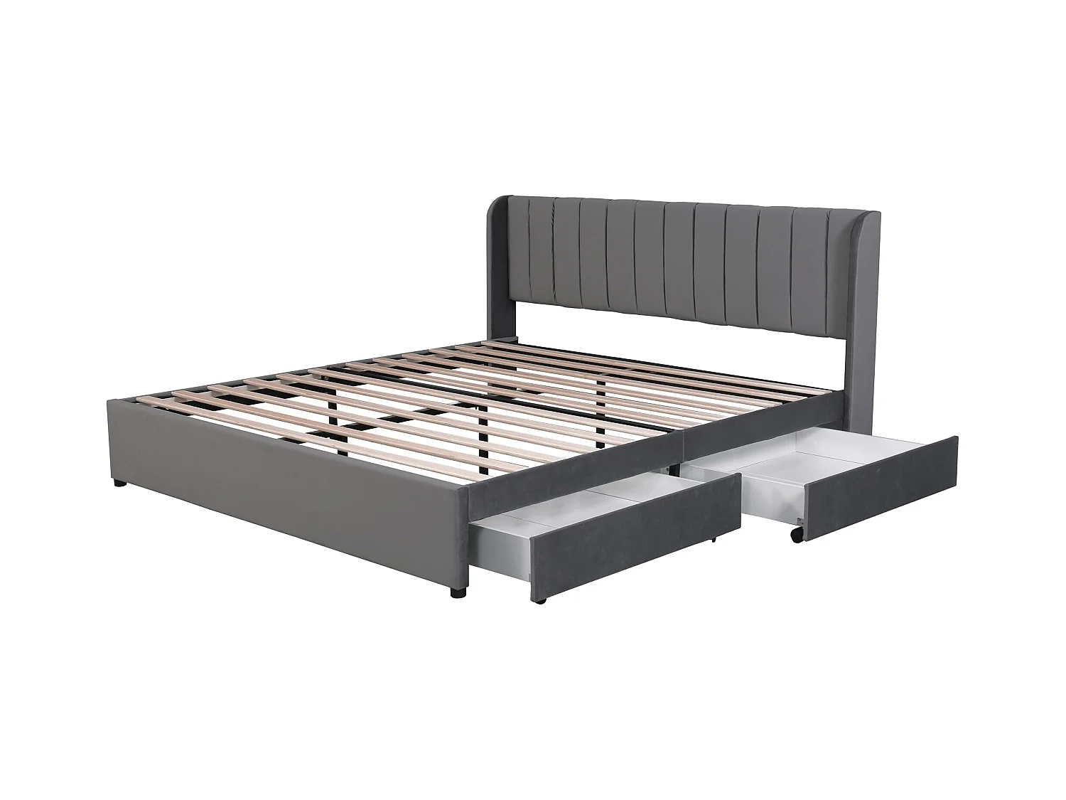 Tweepersoonsbed voor volwassenen 180x200 cm met lattenbodem en 2 opberglades - gewatteerd hoofdeinde - fluweel - grijs (zonder matras)