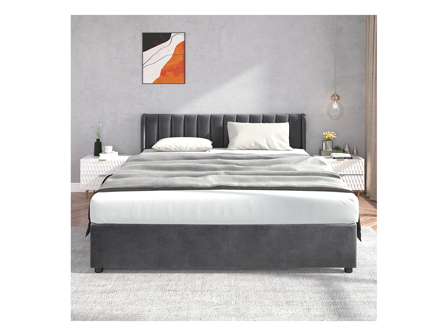 Tweepersoonsbed voor volwassenen 180x200 cm met lattenbodem en 2 opberglades - gewatteerd hoofdeinde - fluweel - grijs (zonder matras)