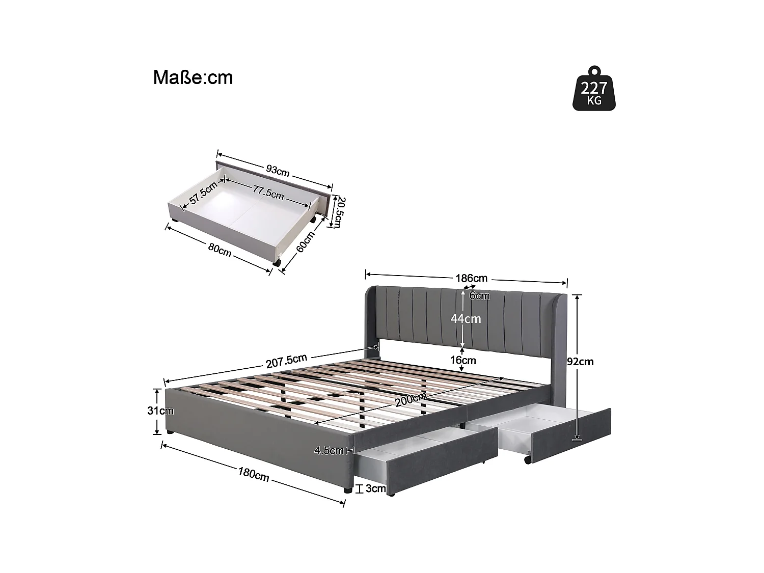 Tweepersoonsbed voor volwassenen 180x200 cm met lattenbodem en 2 opberglades - gewatteerd hoofdeinde - fluweel - grijs (zonder matras)