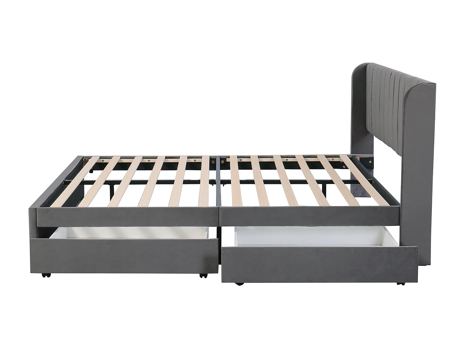 Tweepersoonsbed voor volwassenen 180x200 cm met lattenbodem en 2 opberglades - gewatteerd hoofdeinde - fluweel - grijs (zonder matras)
