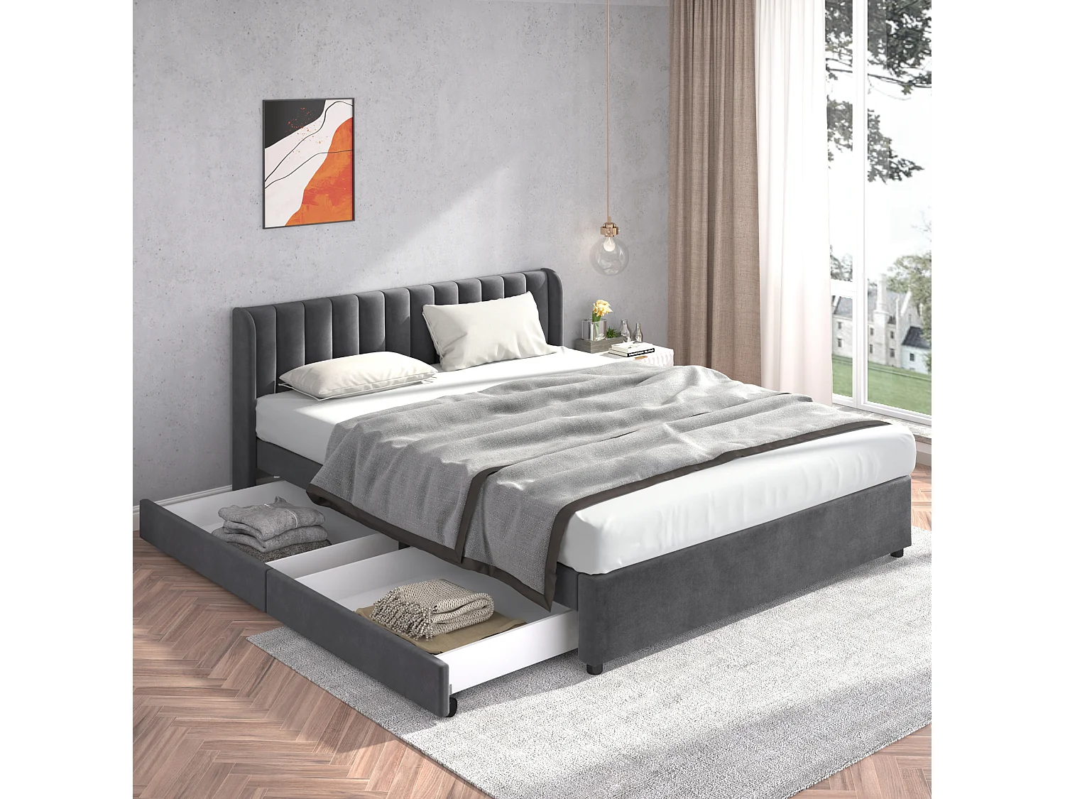 Lit adulte 180x200 cm avec sommier et 2 tiroirs de rangement - tête de lit capitonnée - velours - gris (sans matelas)