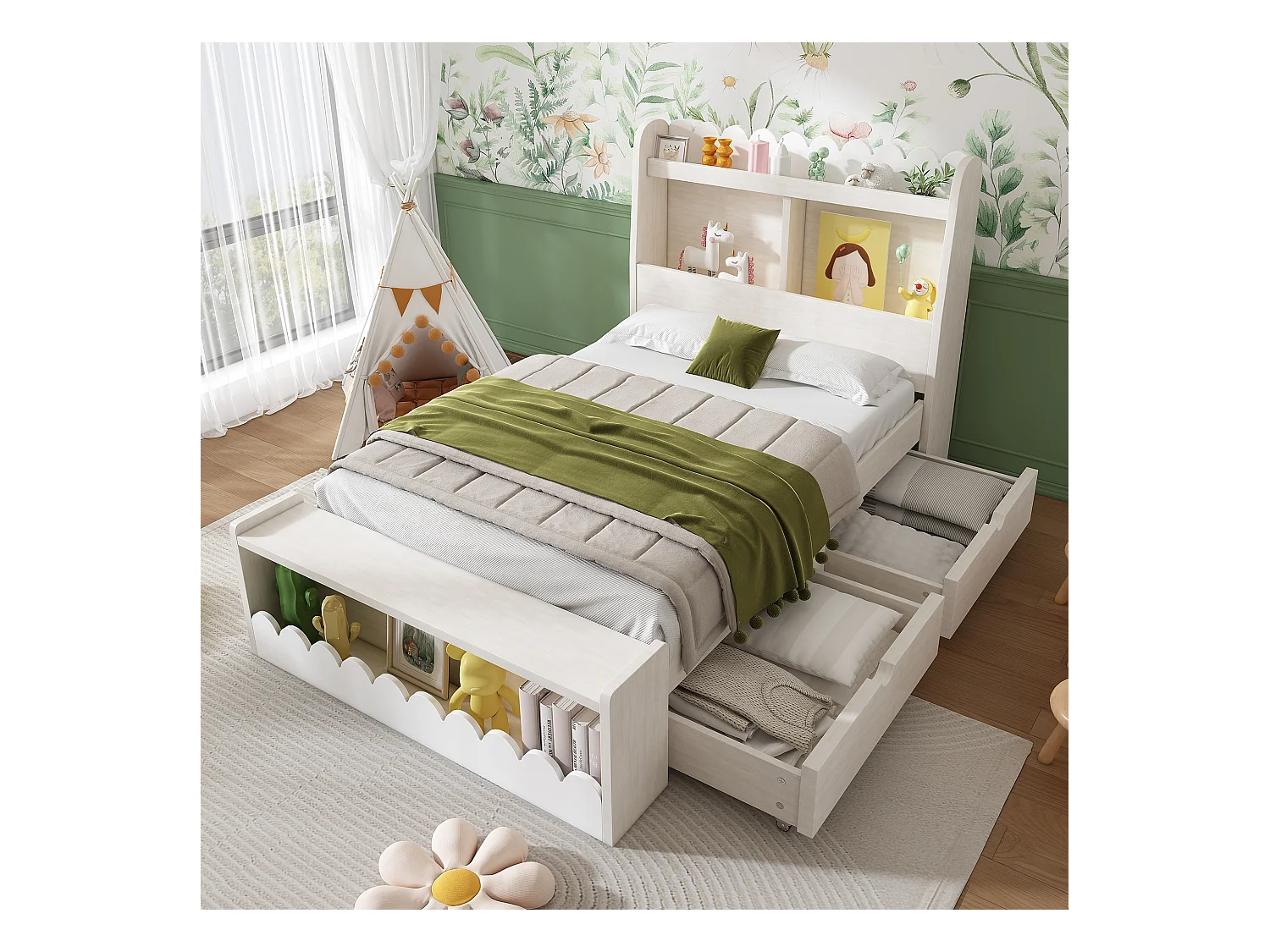Eenpersoonsbed kinderbed 90x190 cm met lattenbodem - opberghoofdeinde met 2 lades - houten bedframe - wit (zonder matras)