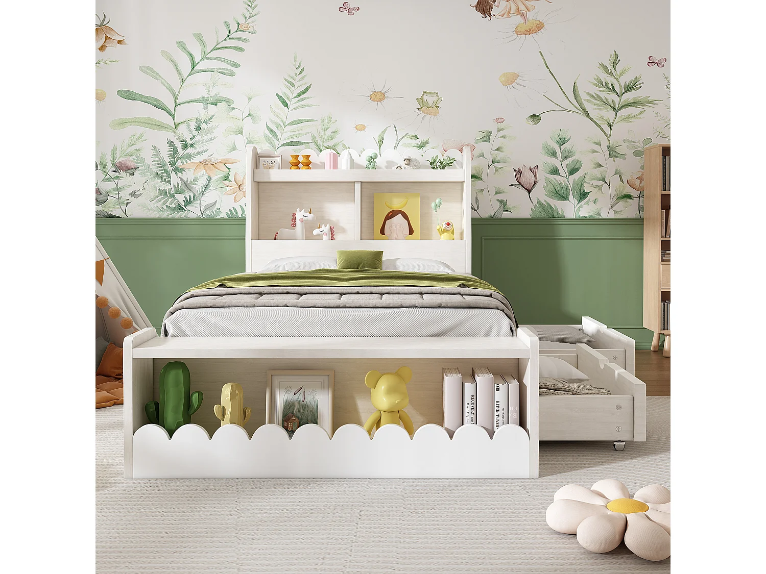 Eenpersoonsbed kinderbed 90x190 cm met lattenbodem - opberghoofdeinde met 2 lades - houten bedframe - wit (zonder matras)