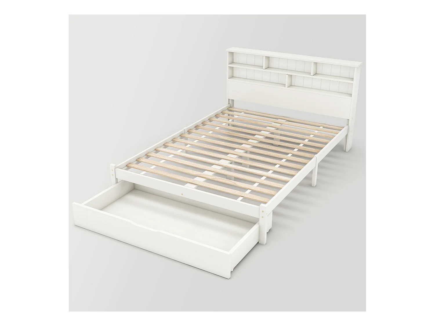 Tweepersoonsbed 140x200cm met lattenbodem - opberghoofdeinde met 1 lade - hout - wit (zonder matras)