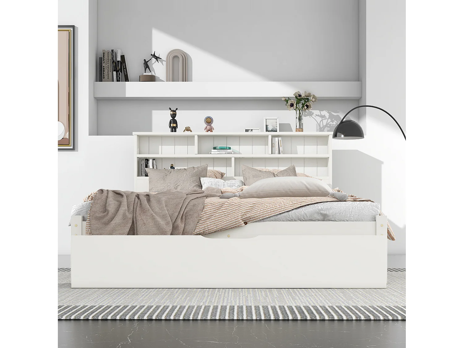 Lit adulte  140x200cm avec sommier - tête de lit rangement avec 1 tiroir - bois - blanc (sans matelas)