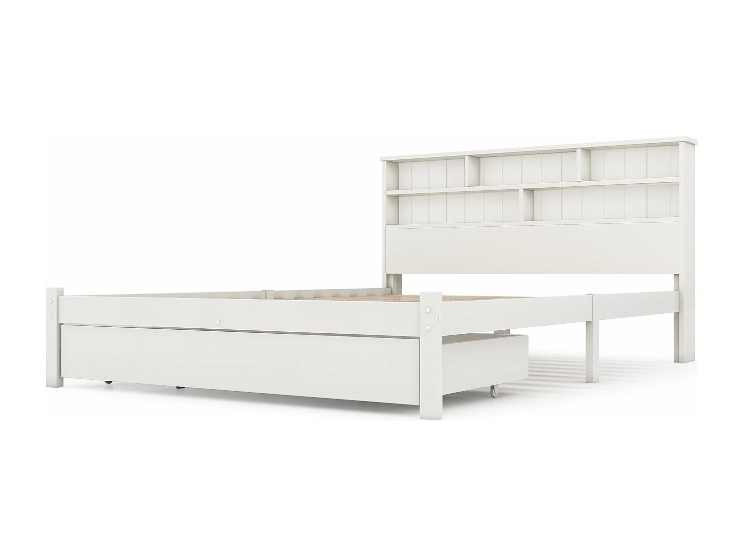 Lit adulte  140x200cm avec sommier - tête de lit rangement avec 1 tiroir - bois - blanc (sans matelas)