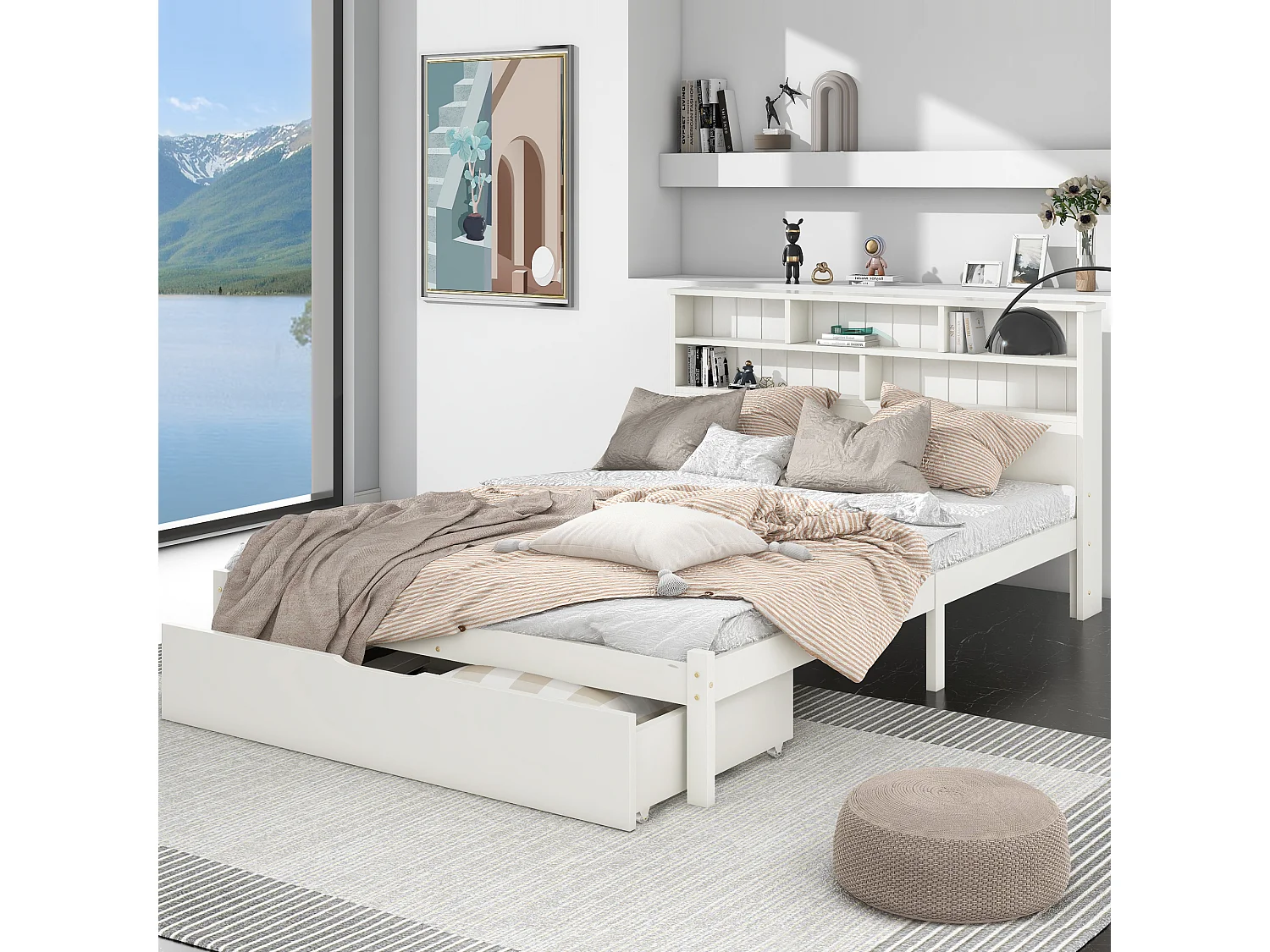 Lit double 140x200 cm avec tête de lit bibliothèque tiroirs de rangement sommier, bois, blanc (Sans matelas)