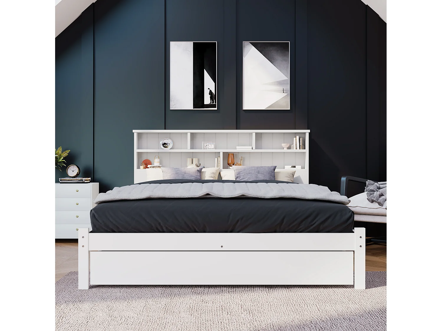 Lit double 140x200 cm avec tête de lit bibliothèque tiroirs de rangement sommier, bois, blanc (Sans matelas)