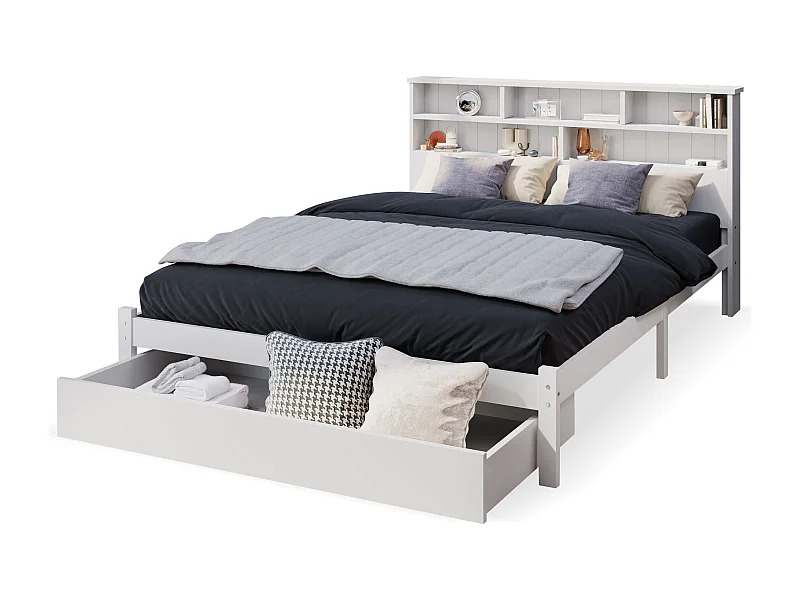 Lit double 140x200 cm avec tête de lit bibliothèque tiroirs de rangement sommier, bois, blanc (Sans matelas)