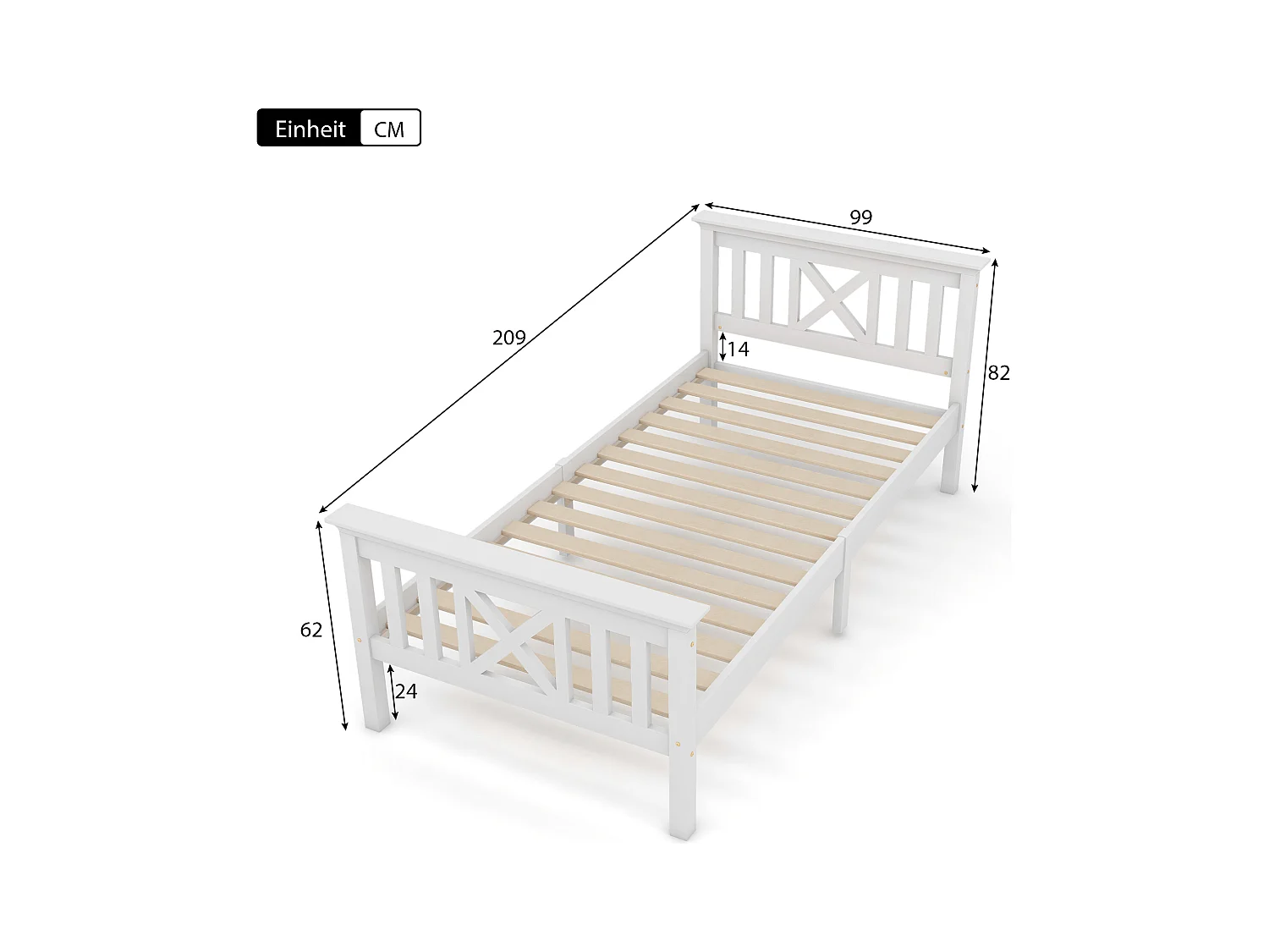 Lit enfant 90x200 cm avec sommier à lattes - cadre de lit en bois - blanc (sans matelas)
