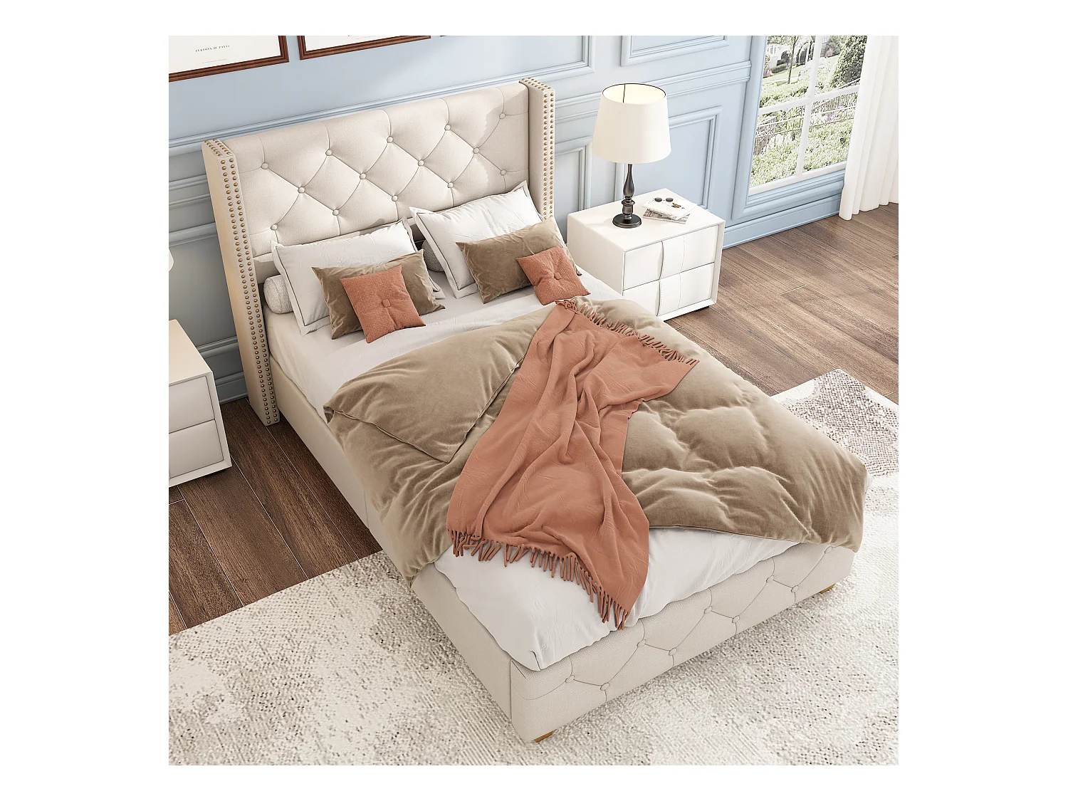 Lit enfant 90x200 cm avec sommier - tête de lit capitonnée - cadre de lit en bois - lin beige (sans matelas)