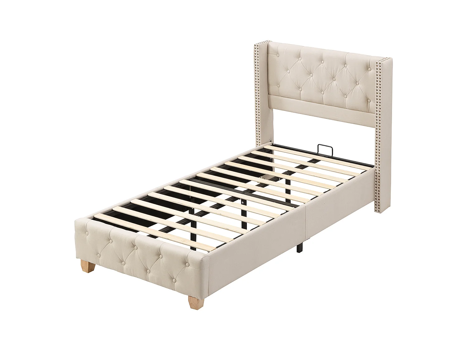 Lit enfant 90x200 cm avec sommier - tête de lit capitonnée - cadre de lit en bois - lin beige (sans matelas)