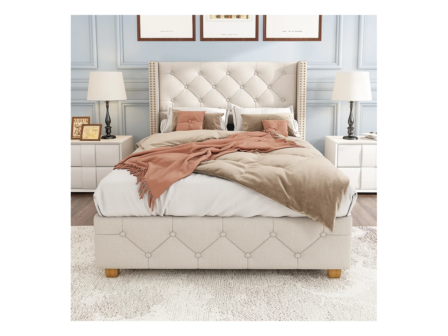 Lit enfant 90x200 cm avec sommier - tête de lit capitonnée - cadre de lit en bois - lin beige (sans matelas)