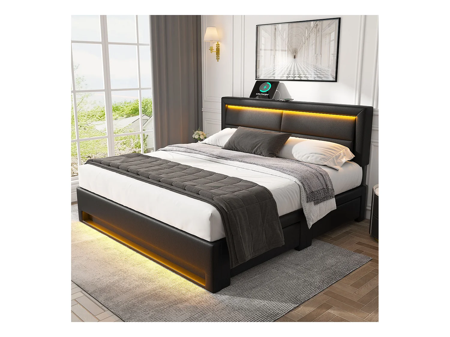 Lit adulte double 140x190 cm avec sommier - tête de lit capitonnée avec USB LED et 4 tiroirs - similicuir - noir (sans matelas)