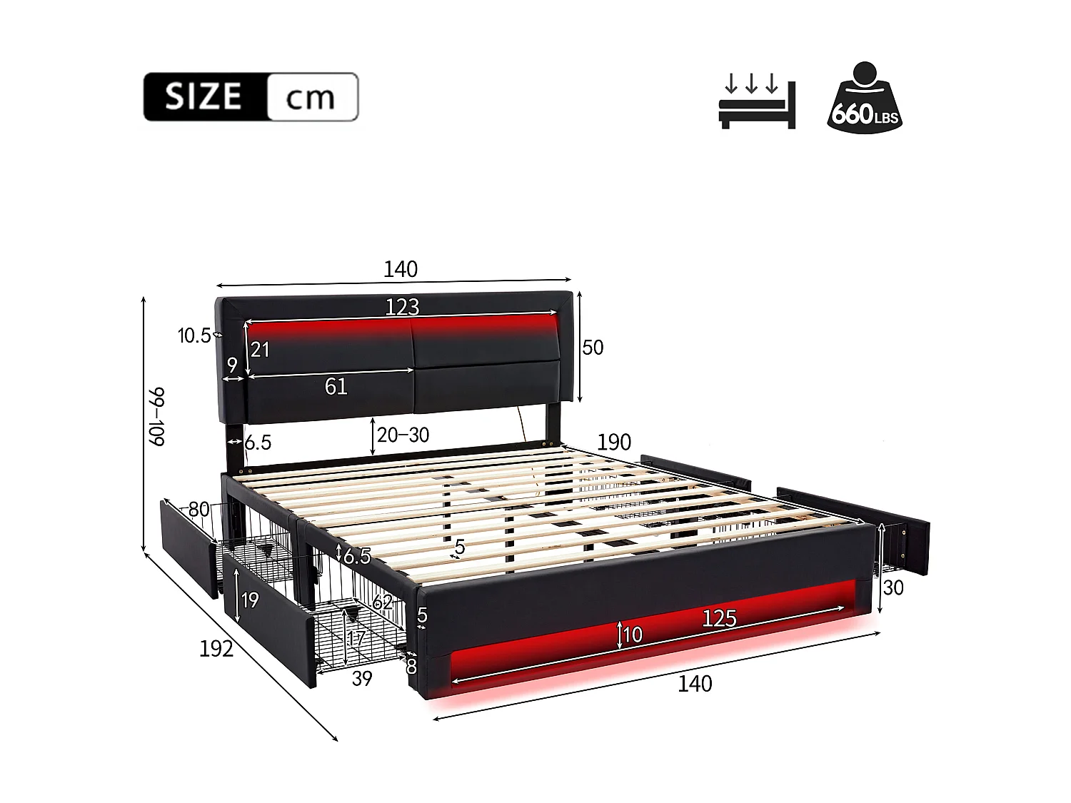 Tweepersoonsbed voor volwassenen 140x190 cm met lattenbodem - gewatteerd hoofdeinde met USB-led en 4 lades - kunstleer - zwart (zonder matras)