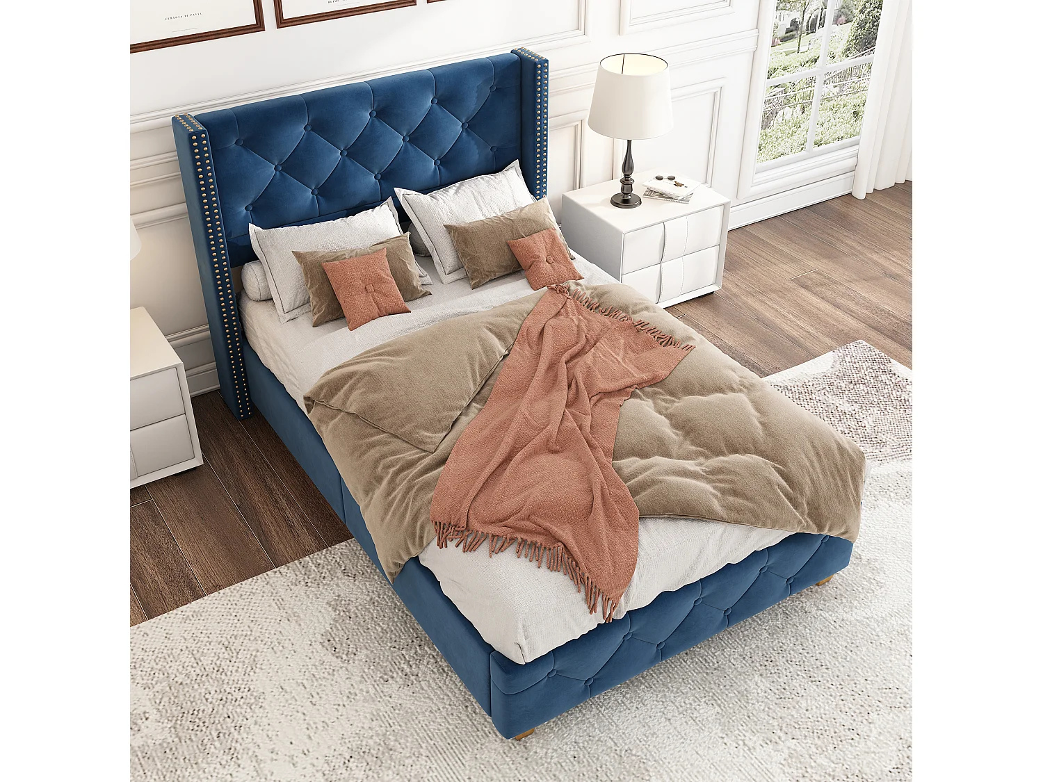Lit enfant 90x200 cm avec sommier - tête de lit capitonnée - cadre de lit en bois - velours bleu (sans matelas)