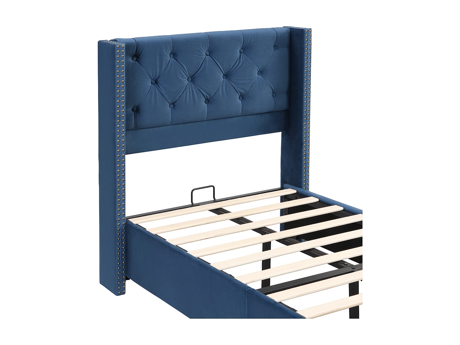 Lit enfant 90x200 cm avec sommier - tête de lit capitonnée - cadre de lit en bois - velours bleu (sans matelas)
