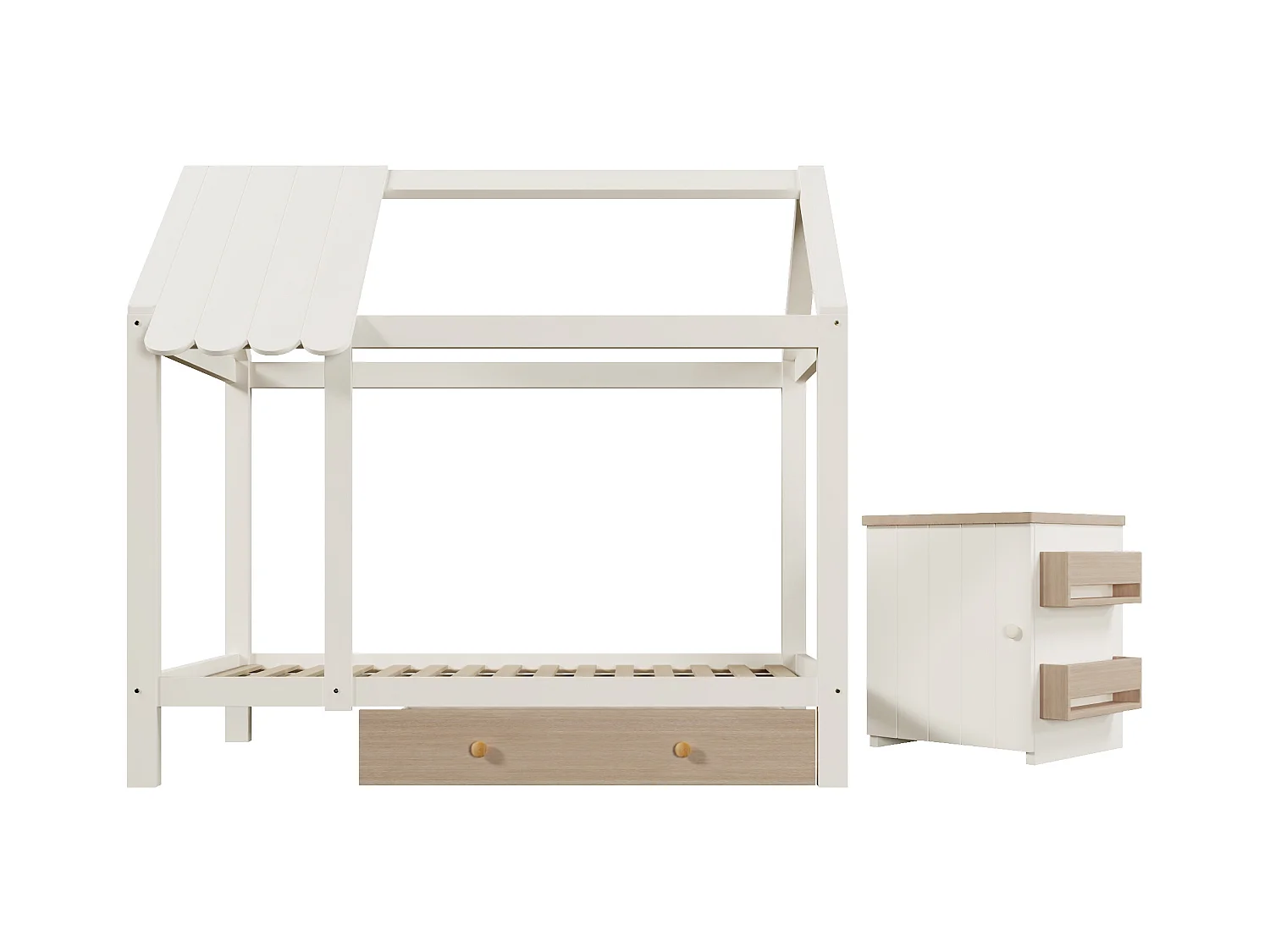 Kinderbed 90x200 cm met lattenbodem - 1 lade en uitneembaar nachtkastje - wit eiken (zonder matras)