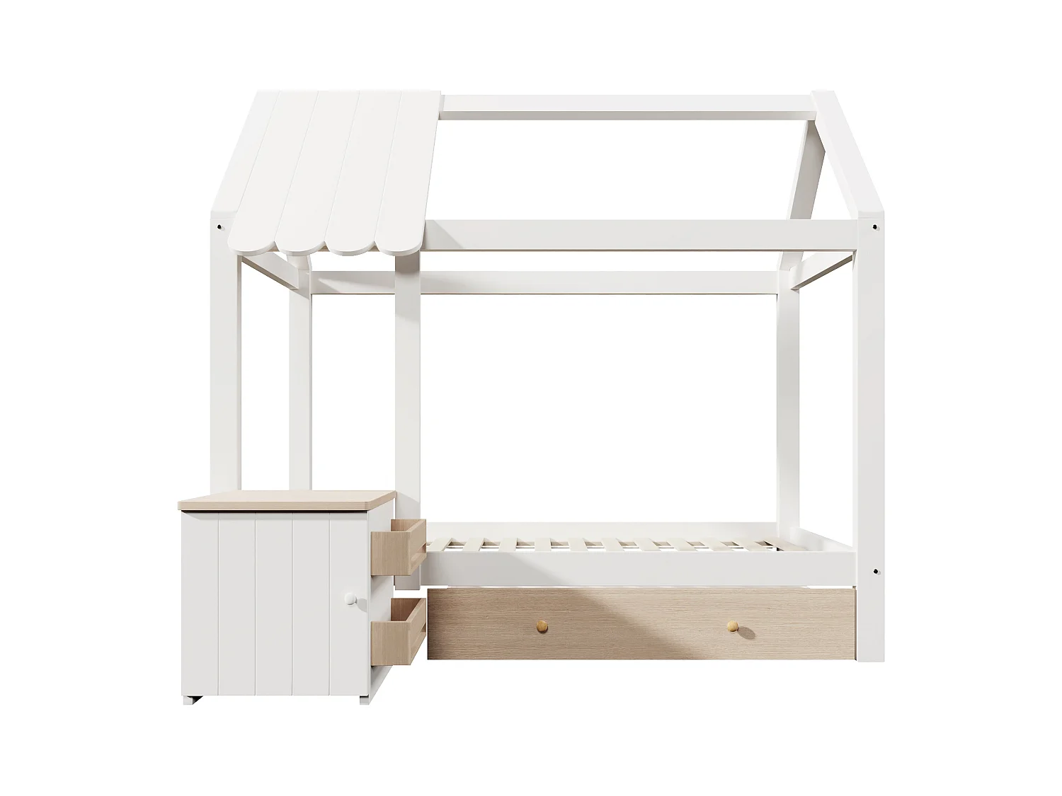 Kinderbed 90x200 cm met lattenbodem - 1 lade en uitneembaar nachtkastje - wit eiken (zonder matras)