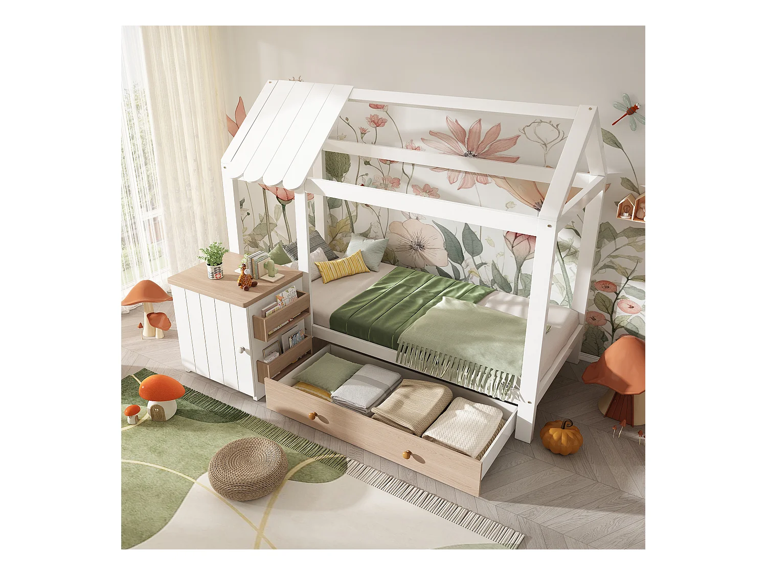 Lit enfant cabane 90x200 cm avec sommier - 1 tiroir et table de chevet amovible - chêne blanc (sans matelas)