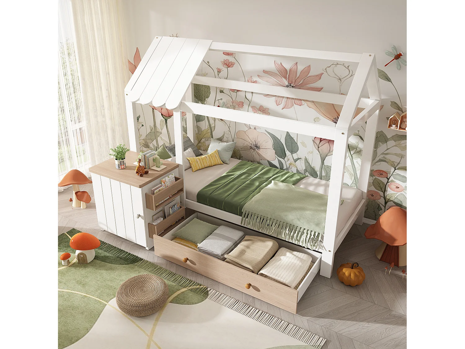 Cama infantil cabina 90x200 cm con base - 1 cajón y mesita de noche extraíble - roble blanco (sin colchón)