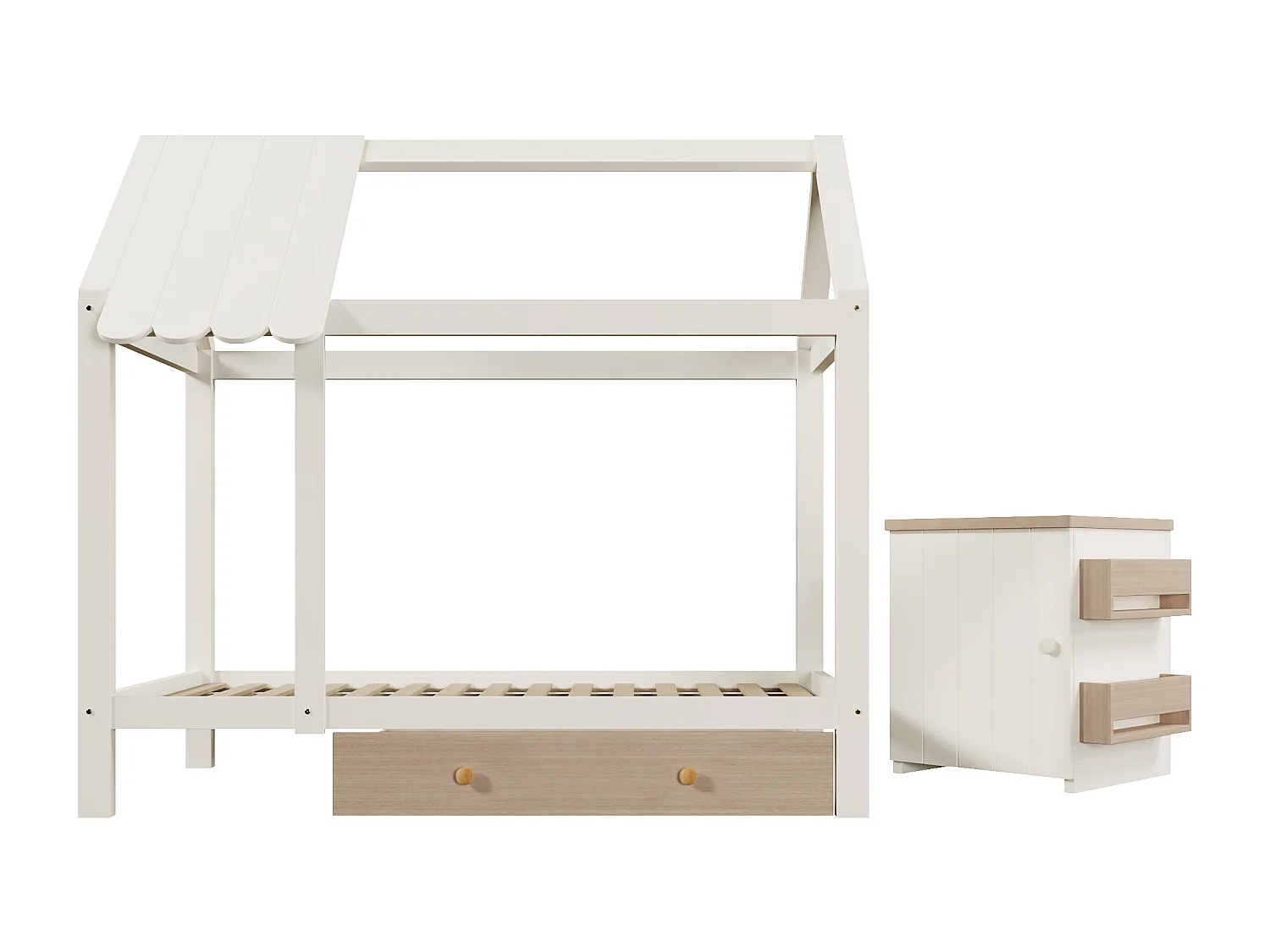 Cama infantil cabina 90x200 cm con base - 1 cajón y mesita de noche extraíble - roble blanco (sin colchón)