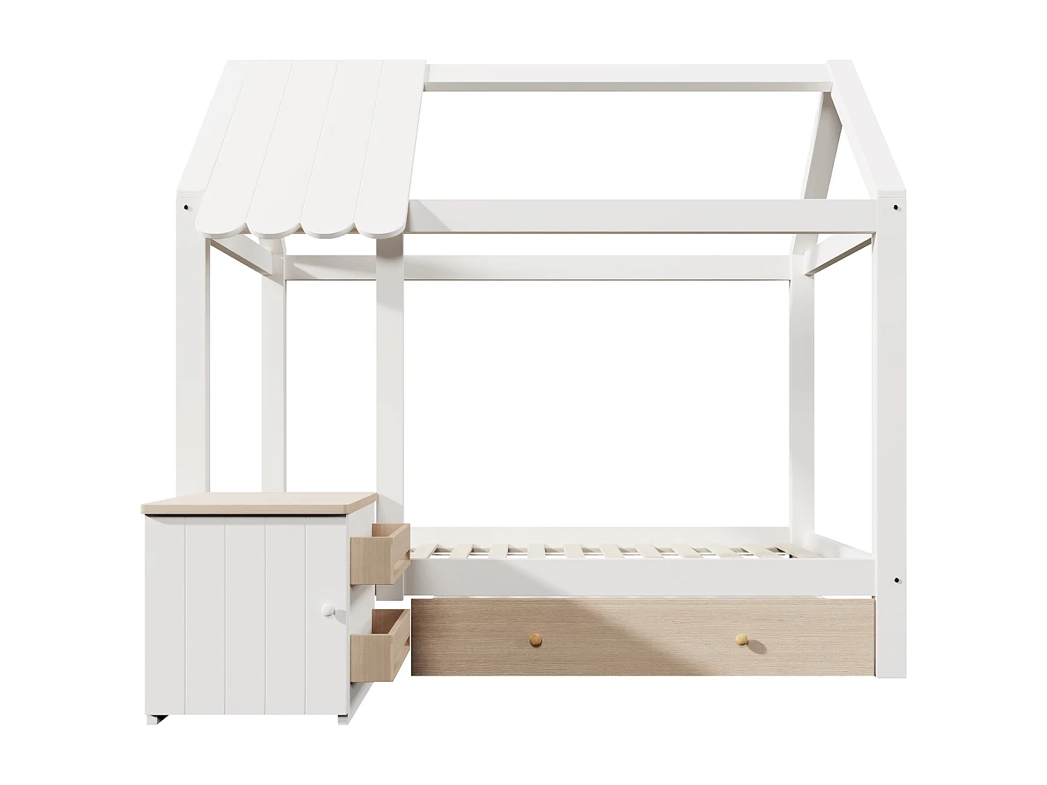Cama infantil cabina 90x200 cm con base - 1 cajón y mesita de noche extraíble - roble blanco (sin colchón)
