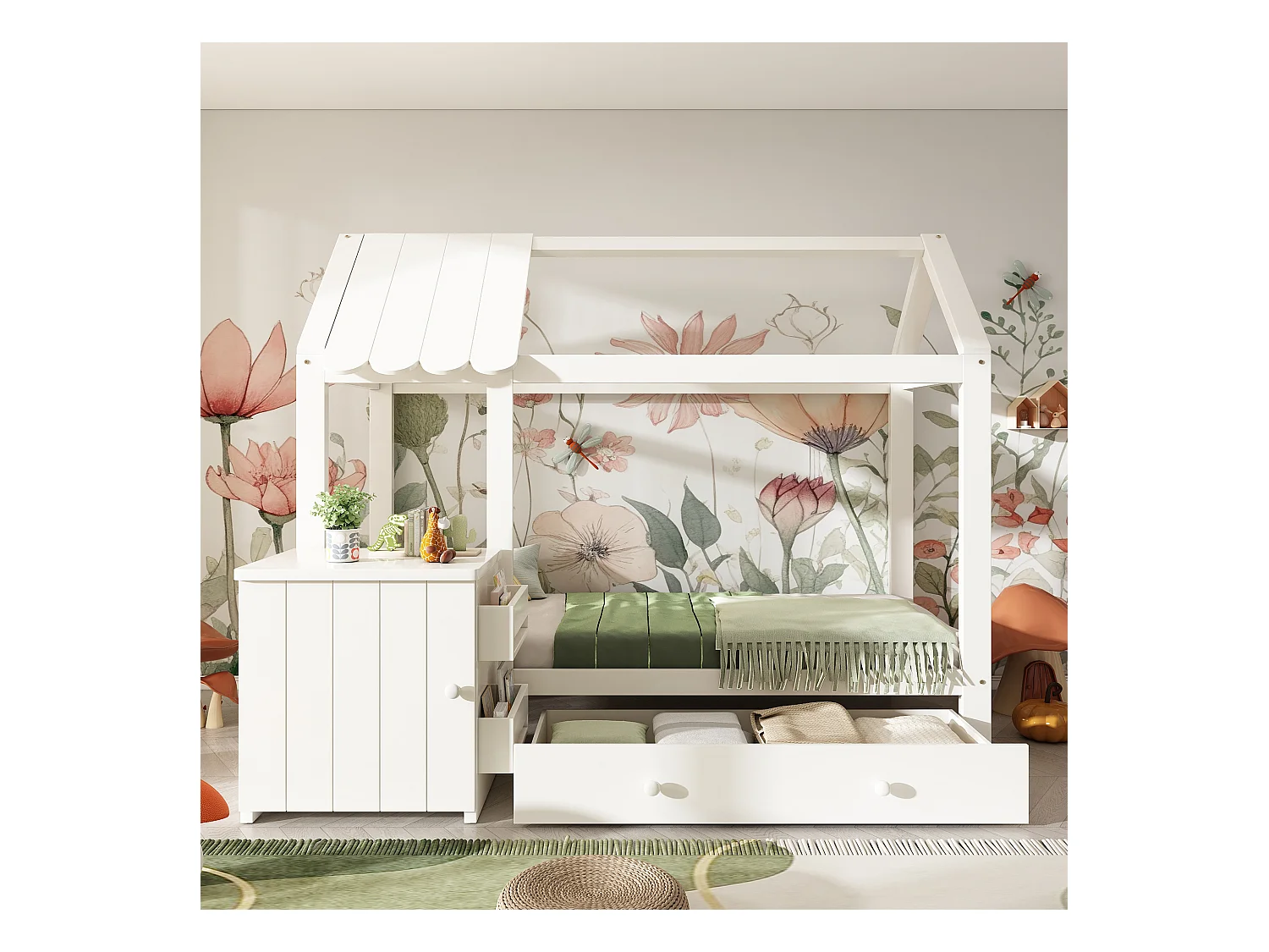 Kinderbed 90x200 cm met bodem - 1 lade en uitneembaar nachtkastje - wit (zonder matras)