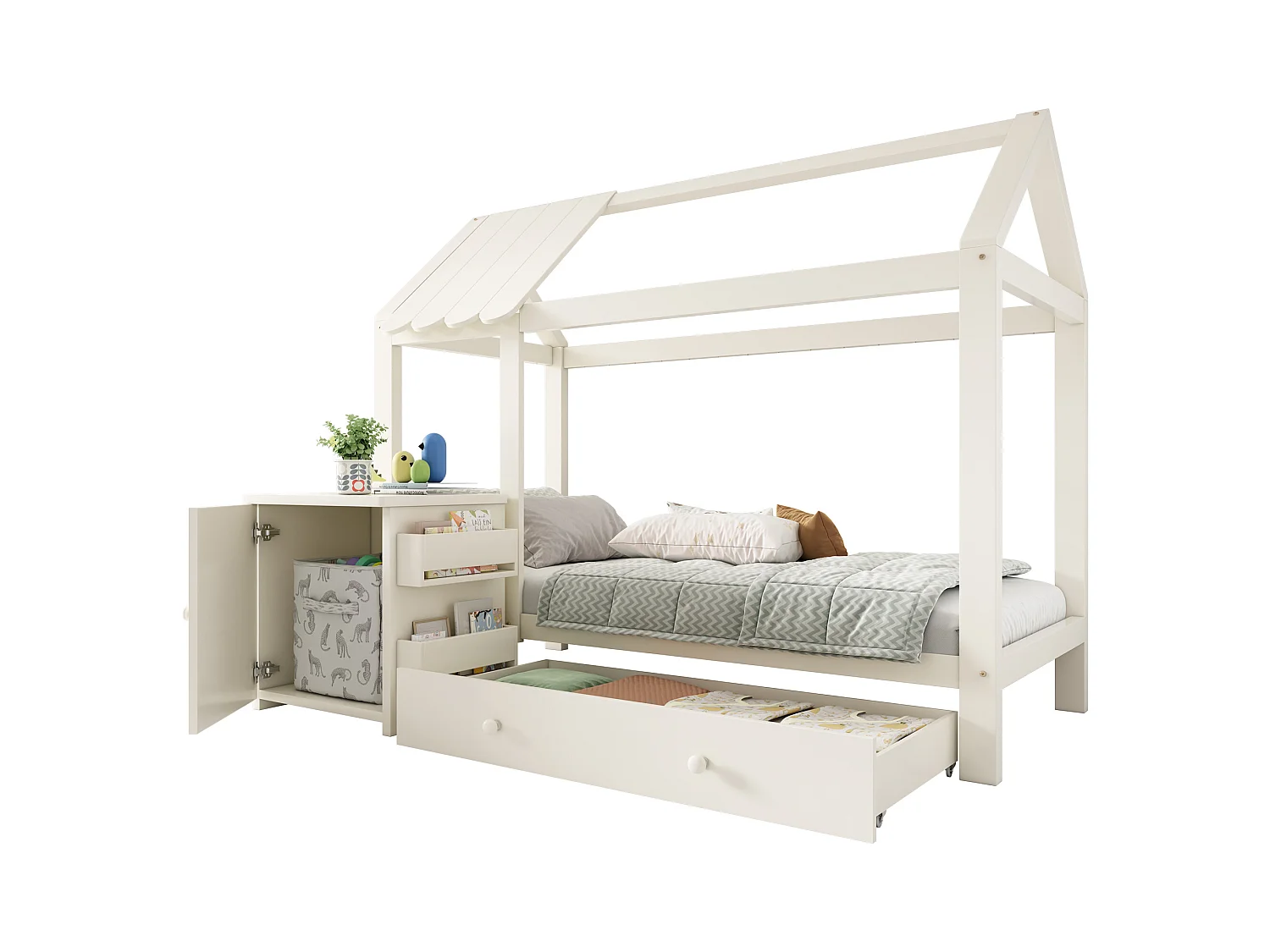 Kinderbed 90x200 cm met bodem - 1 lade en uitneembaar nachtkastje - wit (zonder matras)