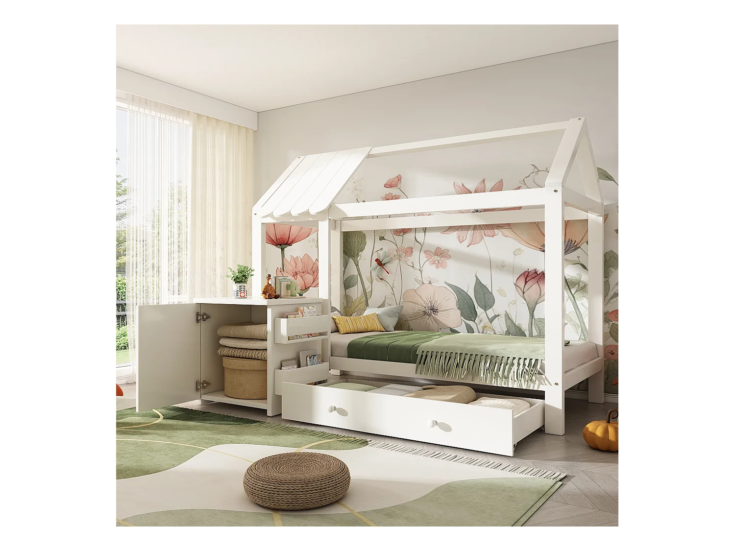 Lit enfant cabane 90x200 cm avec sommier - 1 tiroir et table de chevet amovible - blanc (sans matelas)