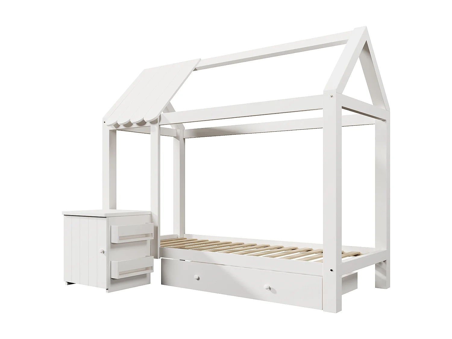 Lit enfant cabane 90x200 cm avec sommier - 1 tiroir et table de chevet amovible - blanc (sans matelas)