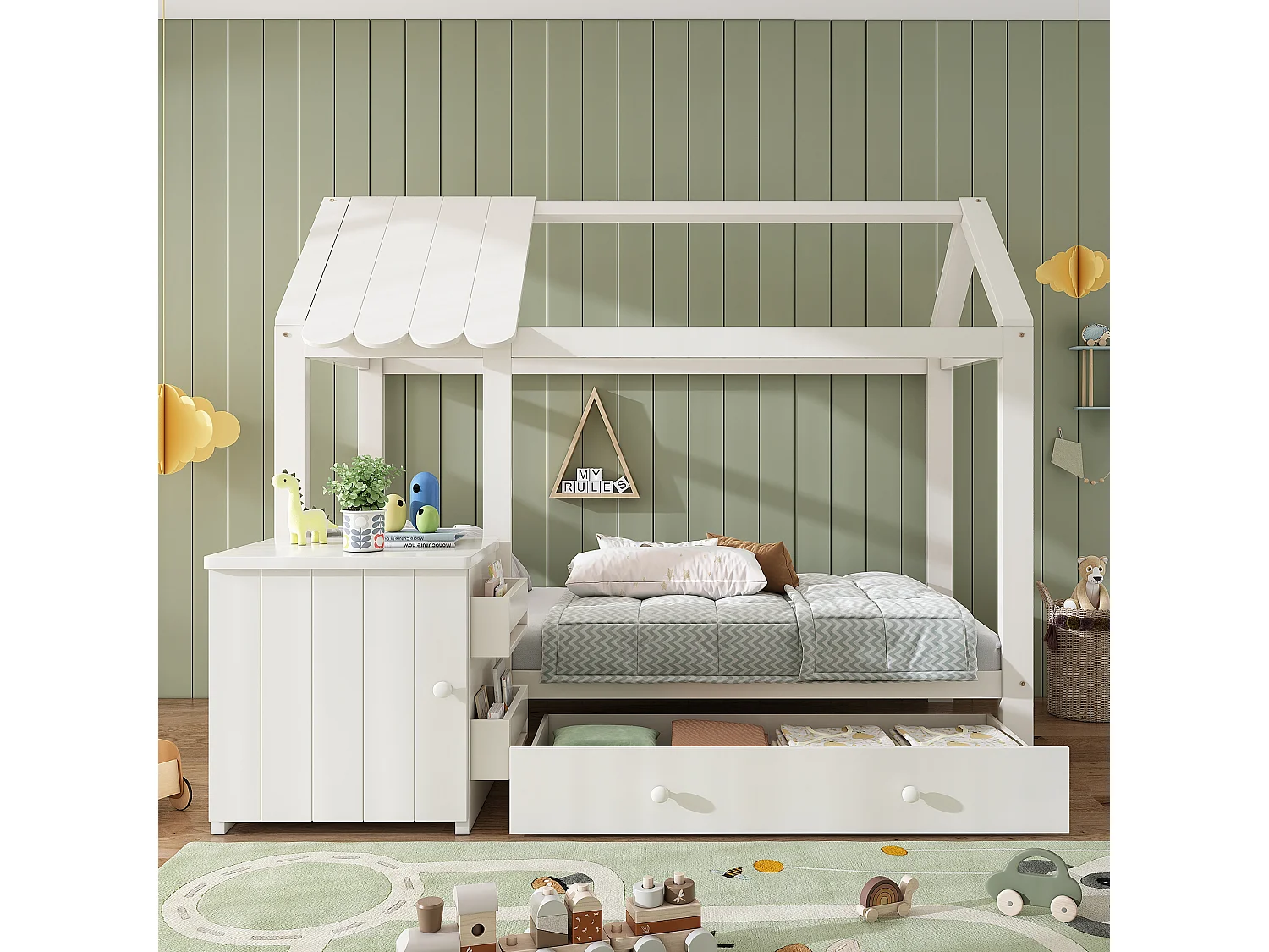 Lit enfant cabane 90x200 cm avec sommier - 1 tiroir et table de chevet amovible - blanc (sans matelas)